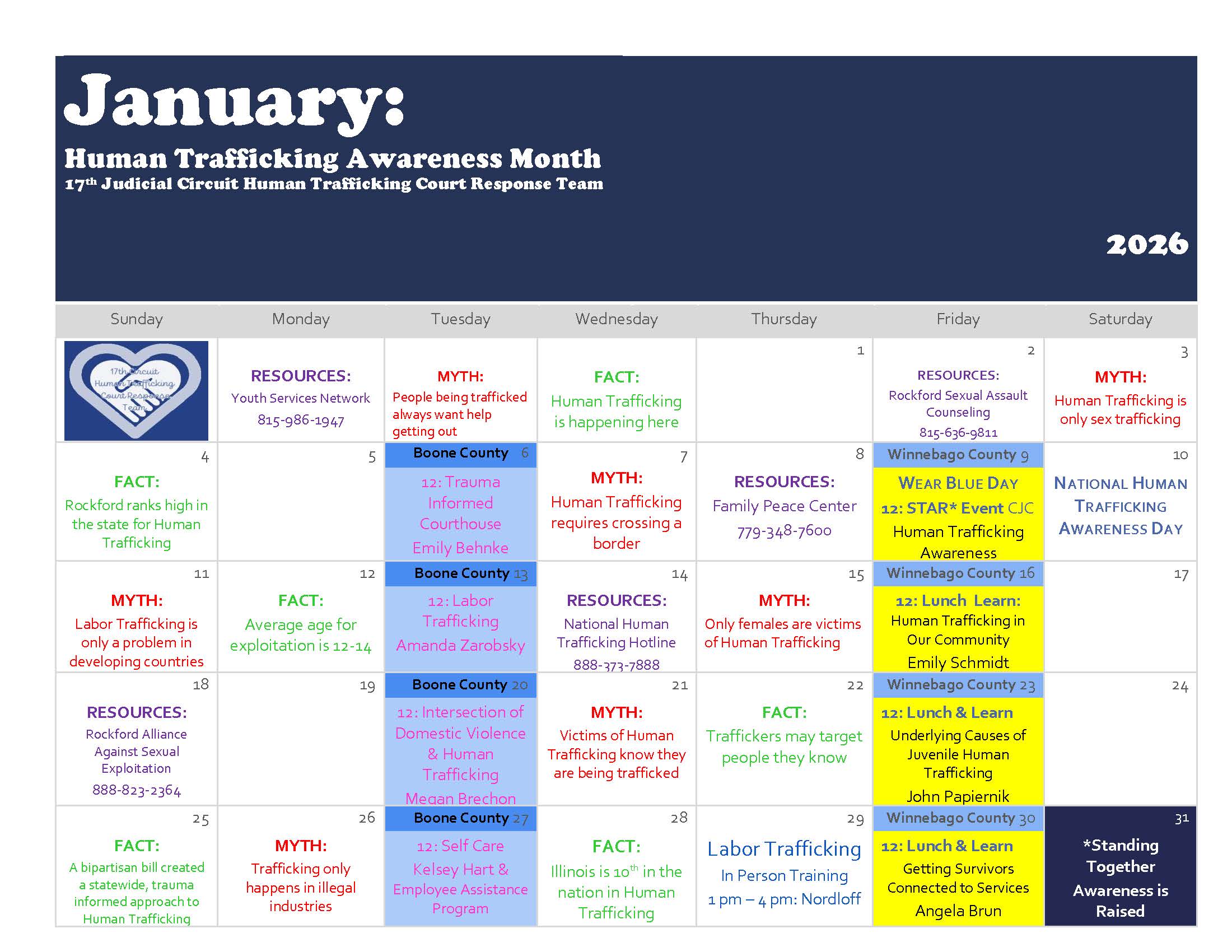 Human Trafficking Awareness Month 2026 Calender